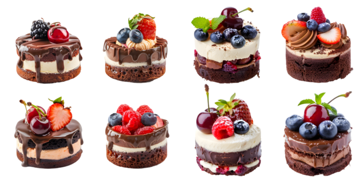 Set of different chocolate and vanilla berry cakes decorated with fresh blueberry, strawberry, raspberry, cherry. Generative AI.