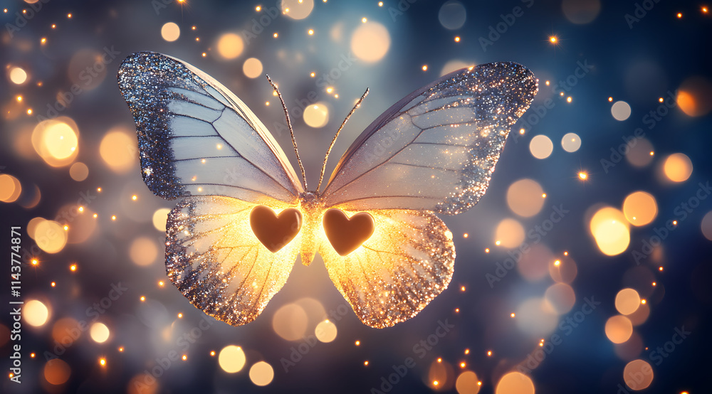 Poster a glowing butterfly with heart-shaped patterns on its wings, surrounded by shimmering lights, creati