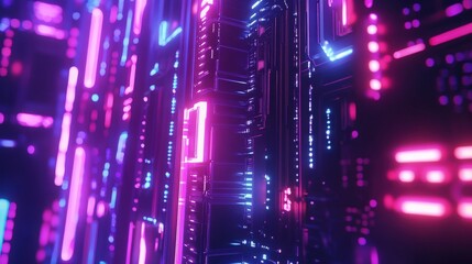 Obraz premium A digital futuristic technology banner, featuring vibrant neon lights that illuminate a complex, interconnected network of systems, with glowing nodes and lines creating a dynamic, high-tech backdrop 