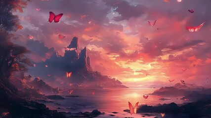 A stunning sunset scene with vibrant pink butterflies and a magical landscape.