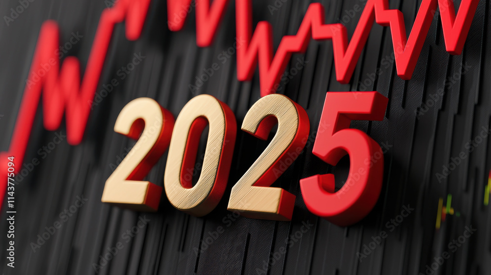 Poster 2025 gold setting concept. 2025 displayed in gold with red graph lines showing growth and progress