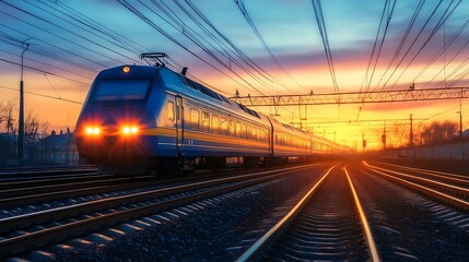 Obraz premium High speed train at sunset. Concept of modern transportation and travel.