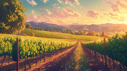 Fototapeta premium Sunset over idyllic vineyard rows in rolling hills.