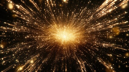 A glowing starburst explosion lighting up the night sky, surrounded by radiant fiber optic strands creating a mesmerizing cosmic effect, with bursts of colorful light