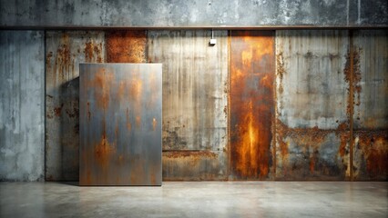Rustic industrial interior design with weathered metal wall and floor and a single metallic panel