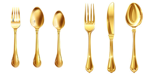 Set of elegant golden fork, spoon and knife. Generative AI.