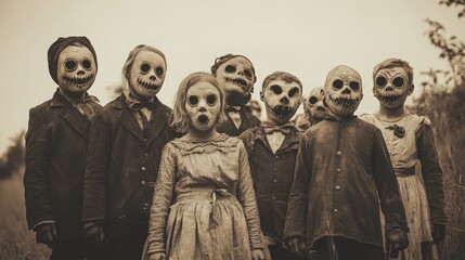 A group of kids in eerie, old-fashioned Halloween costumes from the 19th century, with frightening, vintage masks and exaggerated spooky features, photographed in a vintage horror style with grainy