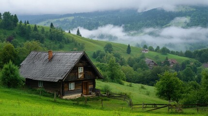 Obraz premium Wooden Cabin on a Misty Mountainside