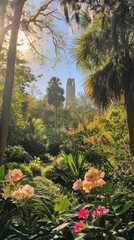 A tranquil view of Bok’s lush gardens showcasing vibrant flowers and towering bell tower in the background during a sunny afternoon