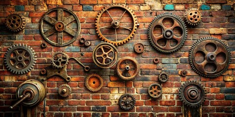 Rustic industrial wall decor featuring a collection of antique gears and cogs arranged on a weathered brick background.