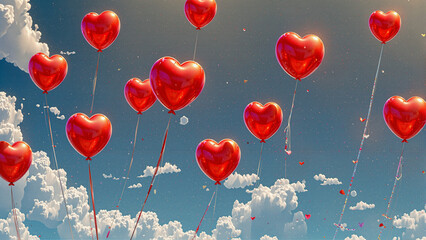 Floating heart-shaped balloons in a blue sky with clouds, perfect for Valentine's Day and love-themed celebrations