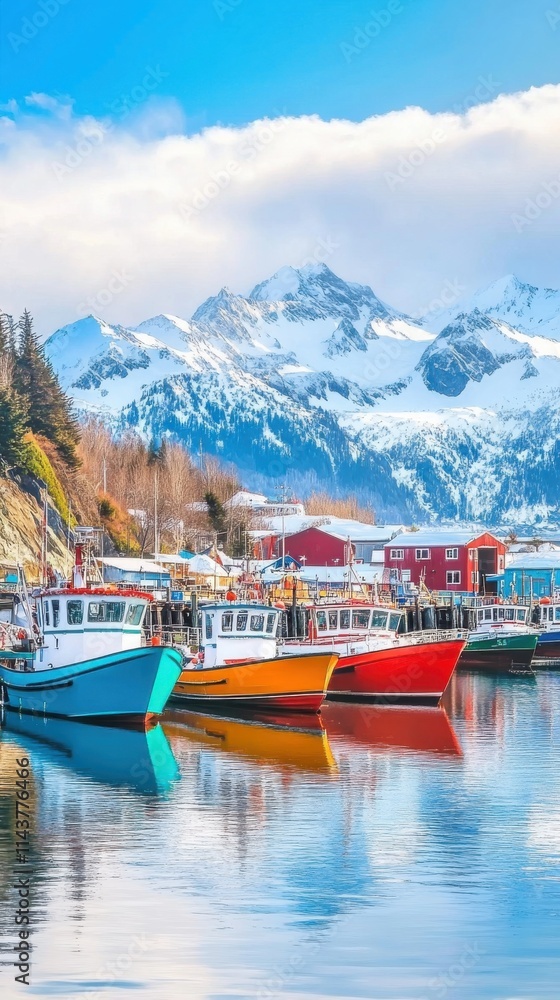 Poster a serene view of the coastal town with colorful boats reflecting on the calm waters beneath snow-cap