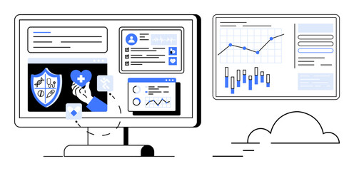 Digital healthcare dashboard displaying medical records, a growth chart, statistical data, and health icons. Ideal for healthcare management, medical research, data analysis, telehealth, patient