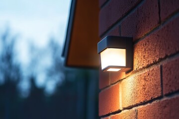 An outdoor motion sensor floodlight mounted on a red brick wall