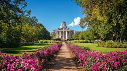 Obraz premium A vibrant spring day at the historic Old State building surrounded by blooming flowers and lush greenery