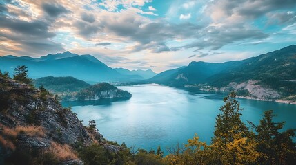 Fototapeta premium Serene Mountain Lake at Sunset. Majestic Landscape, Scenic View, Nature