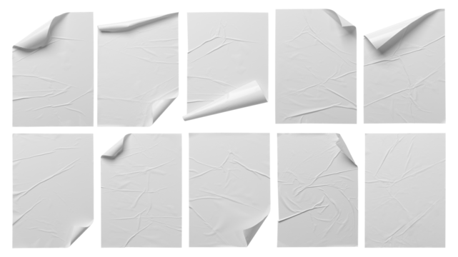 white paper wrinkled poster template ,blank glued creased paper sheet mockup.white poster mockup on wall. empty paper mockup..