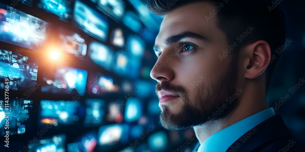 Poster a focused man in a suit looking at a wall of digital screens displaying various visuals and data. co