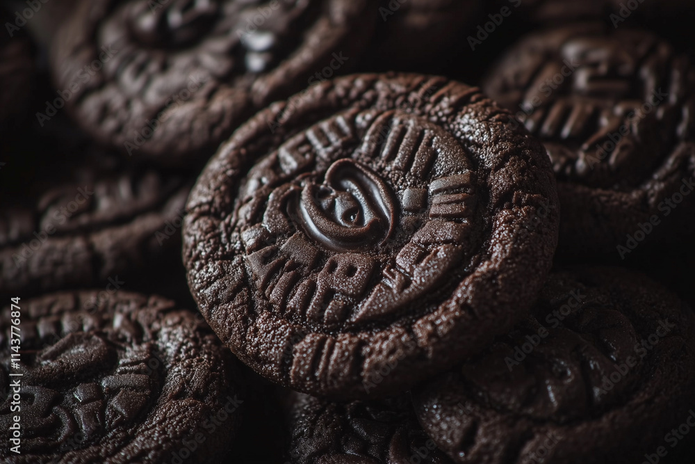 Poster stack of chocolate cookies with a dark brown color. the cookies are piled on top of each other, crea