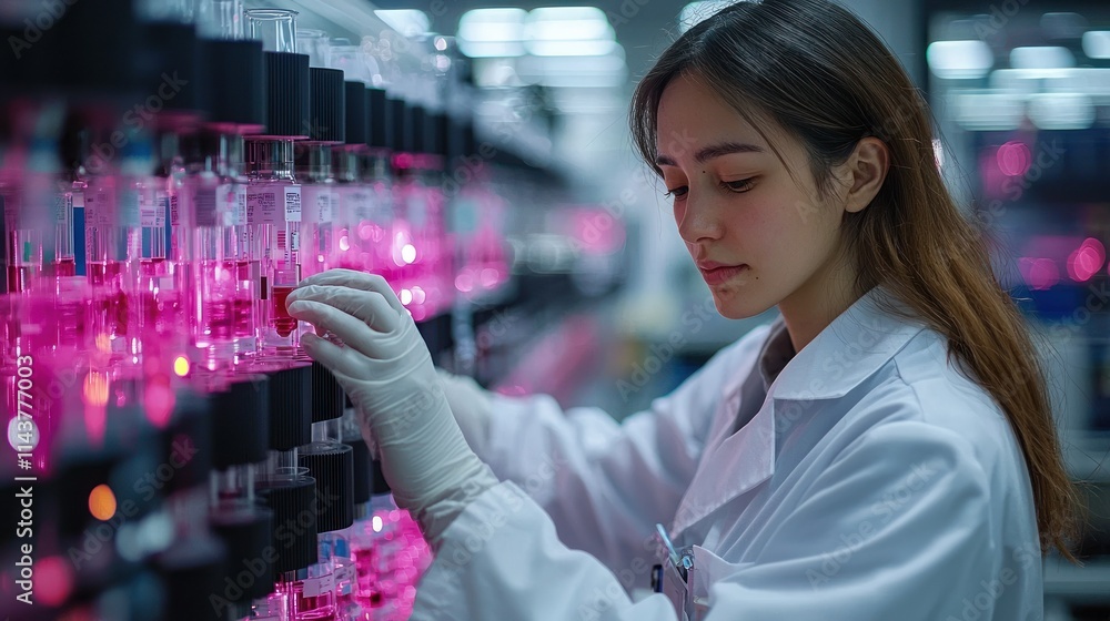 Aufkleber scientist working in a lab with glowing samples.