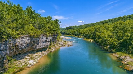 A serene summer day at Buffalo National River with lush greenery and clear waters under a sunny blue sky