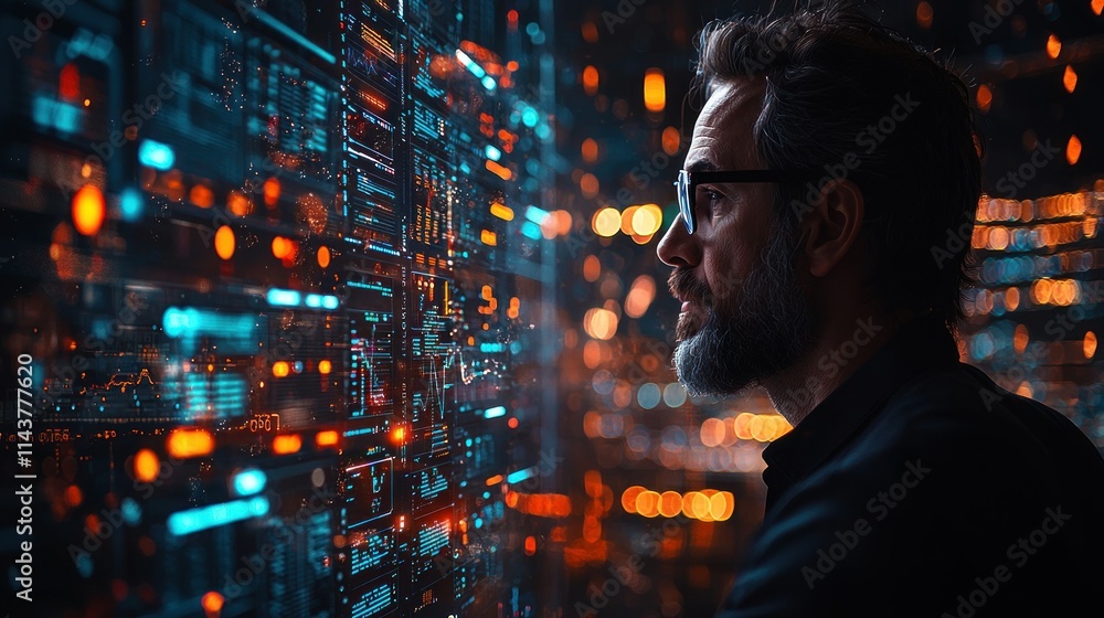 Poster profile of a man contemplating digital data visualization.