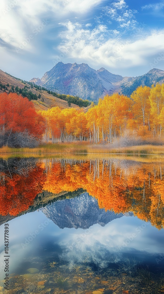 Poster vibrant autumn colors reflecting on a serene lake with mountains in the background during a clear fa
