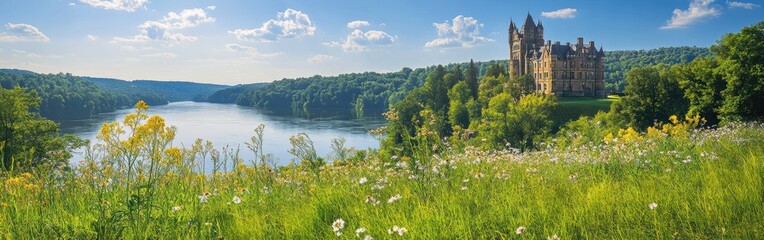 Fototapeta premium A beautiful view of Gillette Castle by the river with wildflowers in foreground during a sunny day