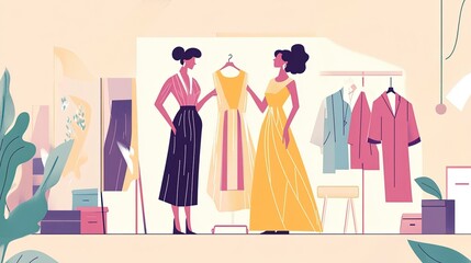 Flat vector style of a fashion stylist helping a model choose clothes backstage.