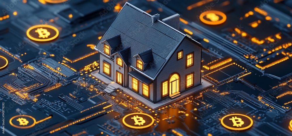 Poster a digital house model surrounded by bitcoin symbols and circuit patterns.