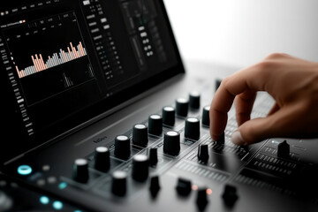 A close-up of a person's hand adjusting controls on a digital audio workstation, showcasing sound editing and mixing software.