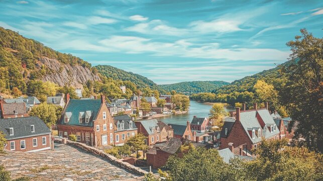 Explore the charming historic town nestled by the river surrounded by rolling hills under a bright sky
