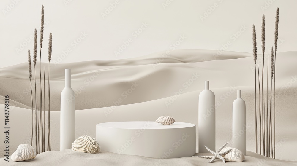 Poster minimalist still life display with shells and bottles in a serene desert setting