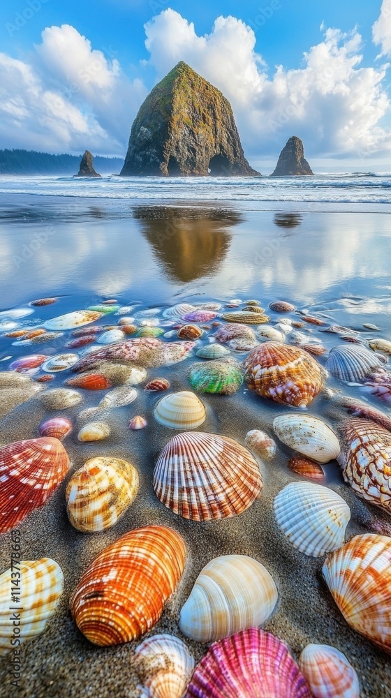 Poster a tranquil morning at haystack rock with colorful seashells scattered on the sandy beach and gentle 