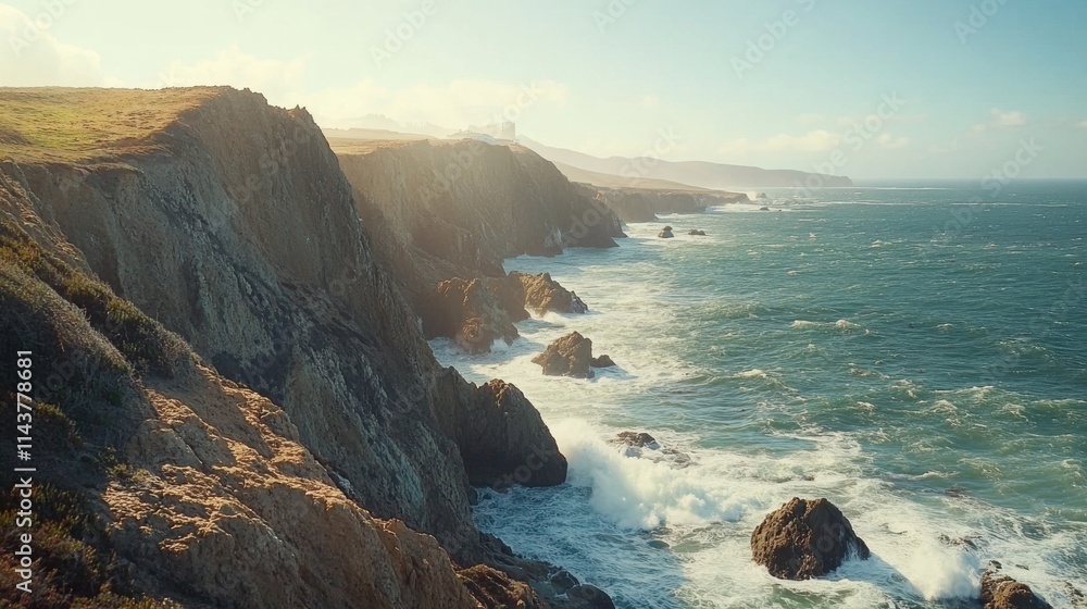 Poster coastal cliffs with crashing waves and dramatic lighting near the shoreline in the early evening