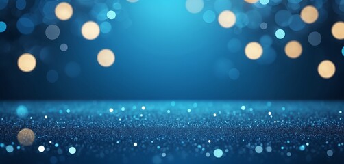 a blue background with glowing bokeh lights, soft blurs, and shiny circles resembling glitter, creating a festive and bright holiday atmosphere