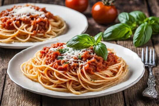 A simple plate of spaghetti with tomato sauce and fresh basil leaves, placed on a plain white plate with a clean, empty wooden table background.
