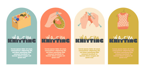 Fototapeta premium Knitting labels set. Hands are tied with a product. Ball of wool, Knitting needles and Knitted patterns collection. Excellent cozy hobby in home environment. Flat vector illustration.