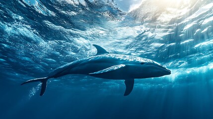 Fototapeta premium Dolphin swimming underwater, sun rays. Ocean wildlife, marine life, underwater photography.
