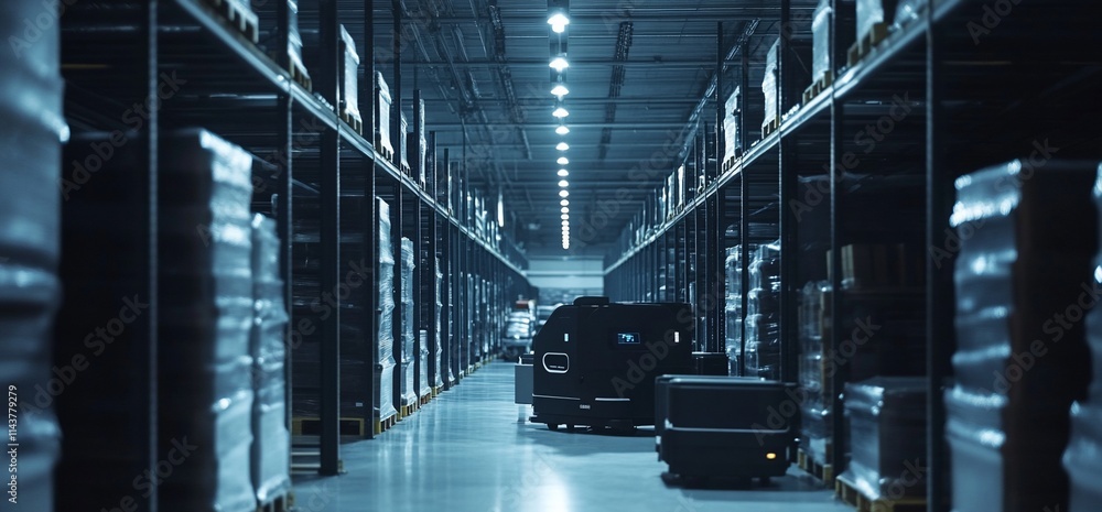 Poster a dimly lit warehouse with shelves and automated robots for inventory management.