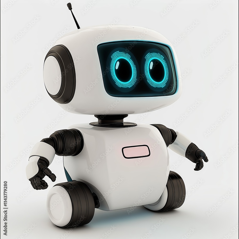 Poster white friendly robot pointing with finger and showing futuristic technology