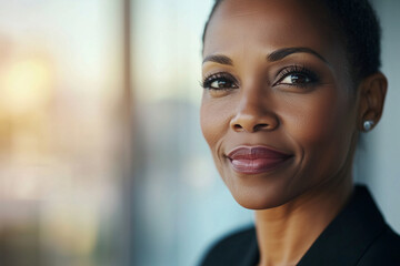 Obraz premium woman with short hair and a black dress is smiling. She is wearing a pair of earrings and lipstick