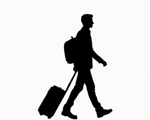 Traveler silhouette walking with suitcase on white background