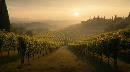 Fototapeta premium A stunning Italian vineyard at dawn with rows of vines and a golden sunrise illuminating the landscape