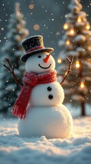 A Charming Snowman in a Red Scarf and Top Hat