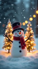 Charming Snowman in a Red Scarf and Top Hat