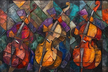 Fototapeta premium Abstract painting of three cellists playing in vibrant colors and geometric shapes.