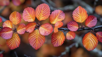Vibrant orange and red autumn leaves on a branch.