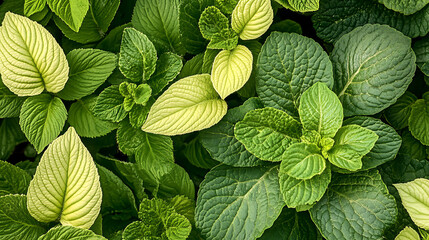 A close-up of overlapping plant leaves, showcasing different layers and green hues 