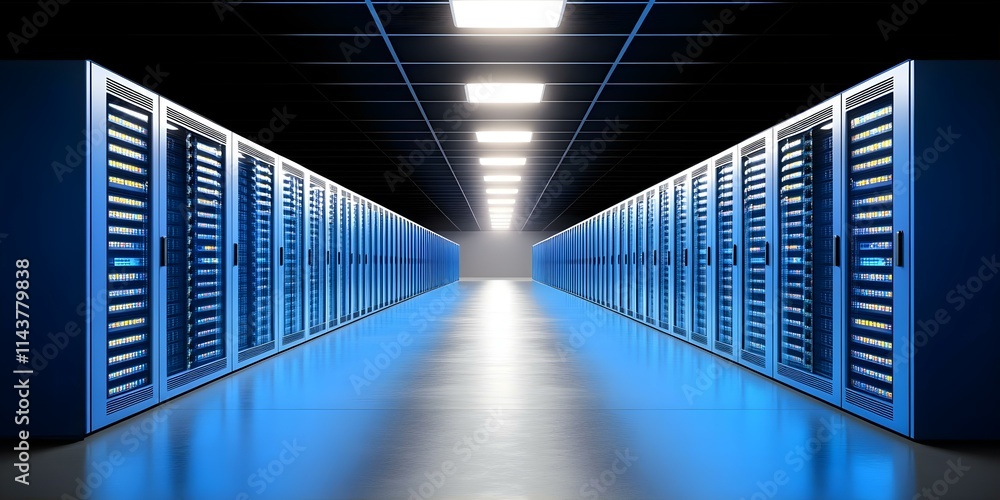 Aufkleber a modern data center with rows of servers illuminated by blue lights, creating a futuristic atmosphe